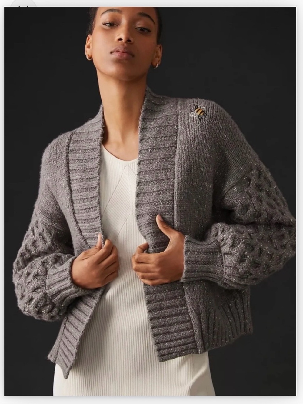 Pilcro Anthropologie Honey Bear Cardigan Sweater Cozy Grey Knit Sz: S - Picture 2 of 10
